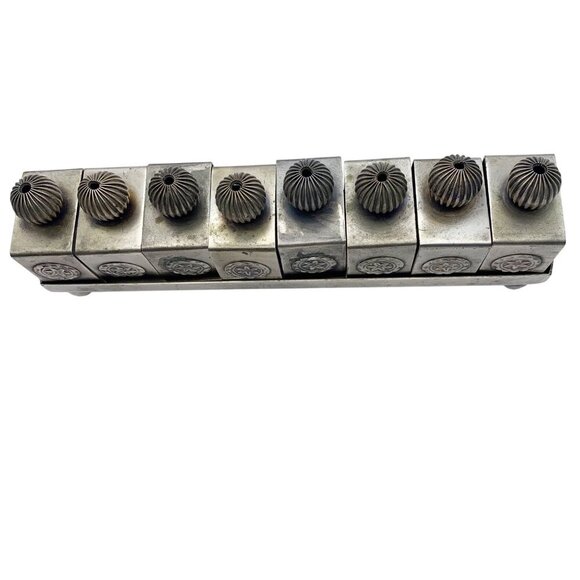 Vintage Square Napkin Rings plus Tray 8 ct. Pewter Embossed Swirl Handle Patina - Picture 3 of 8